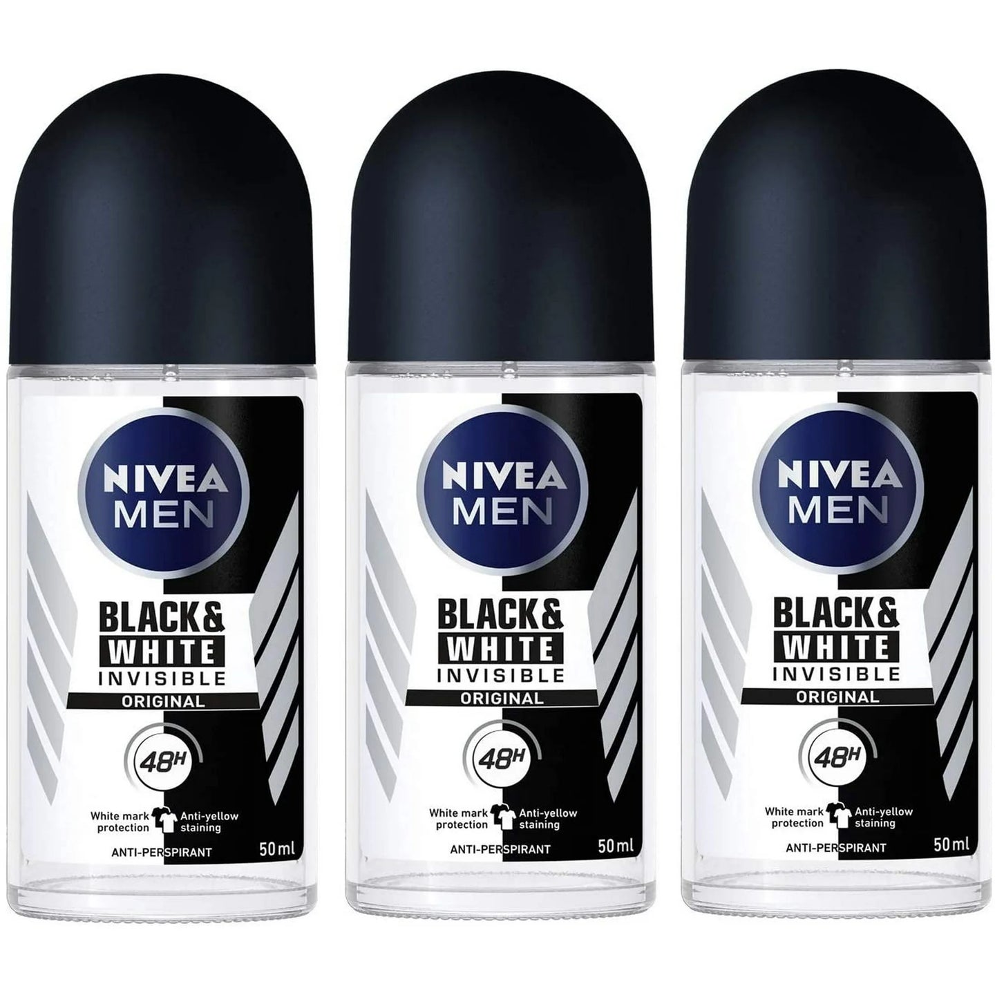 Nivea for Men Invisible for Black & White 48 Hours Deodorant Roll on 50 Ml. 3 Pack