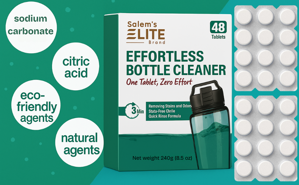 Salem's Elite Water Bottle Cleaning Tablets- Clean Stainless Steel, Tumblers, Thermos, Reusable Water Bottles, Baby Bottles and Sports Bottle 48 Effervescent Cleaner Tablets