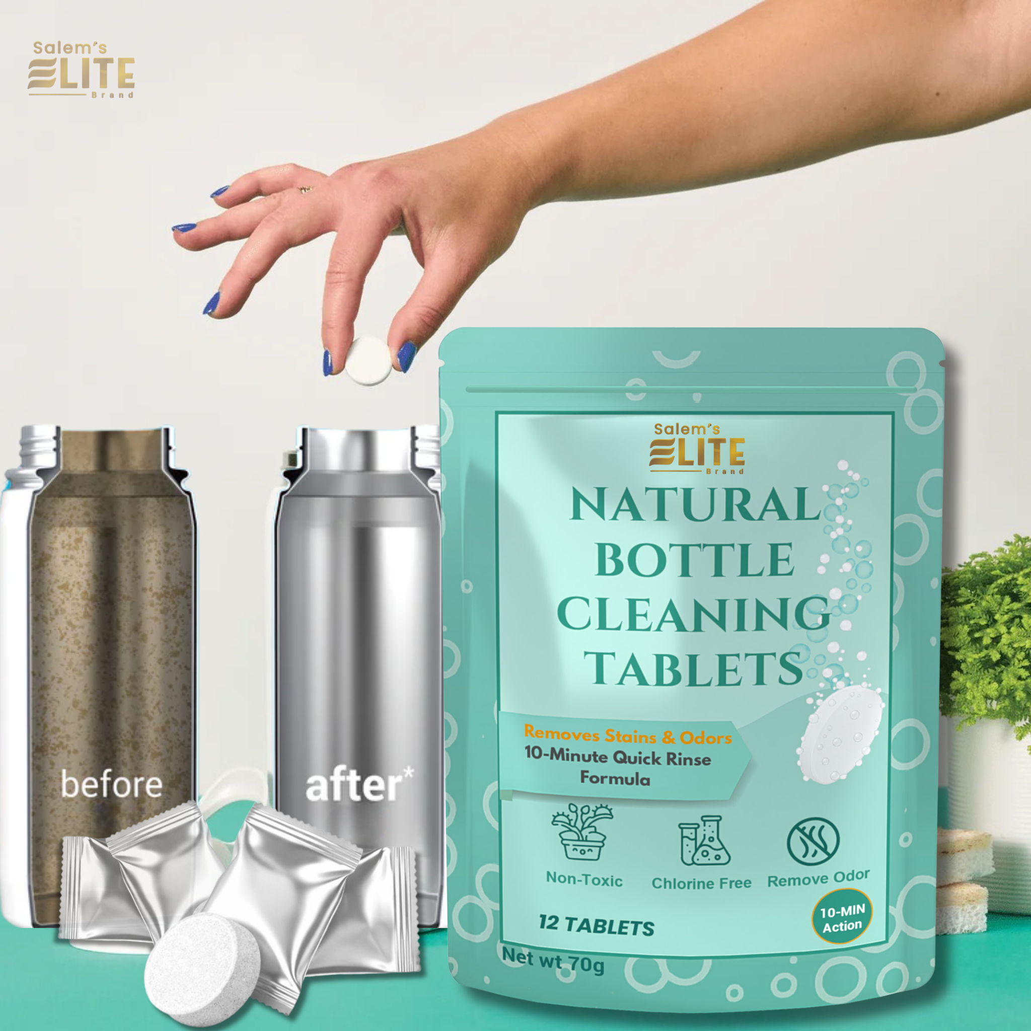 Salem’s Elite 12 Effervescent Water Bottle Cleaning Tablets | Tumbler Cleaning Tablets | Deodorizes & Removes Stains on Stainless Steel, Tumblers, Baby & Sports bottles