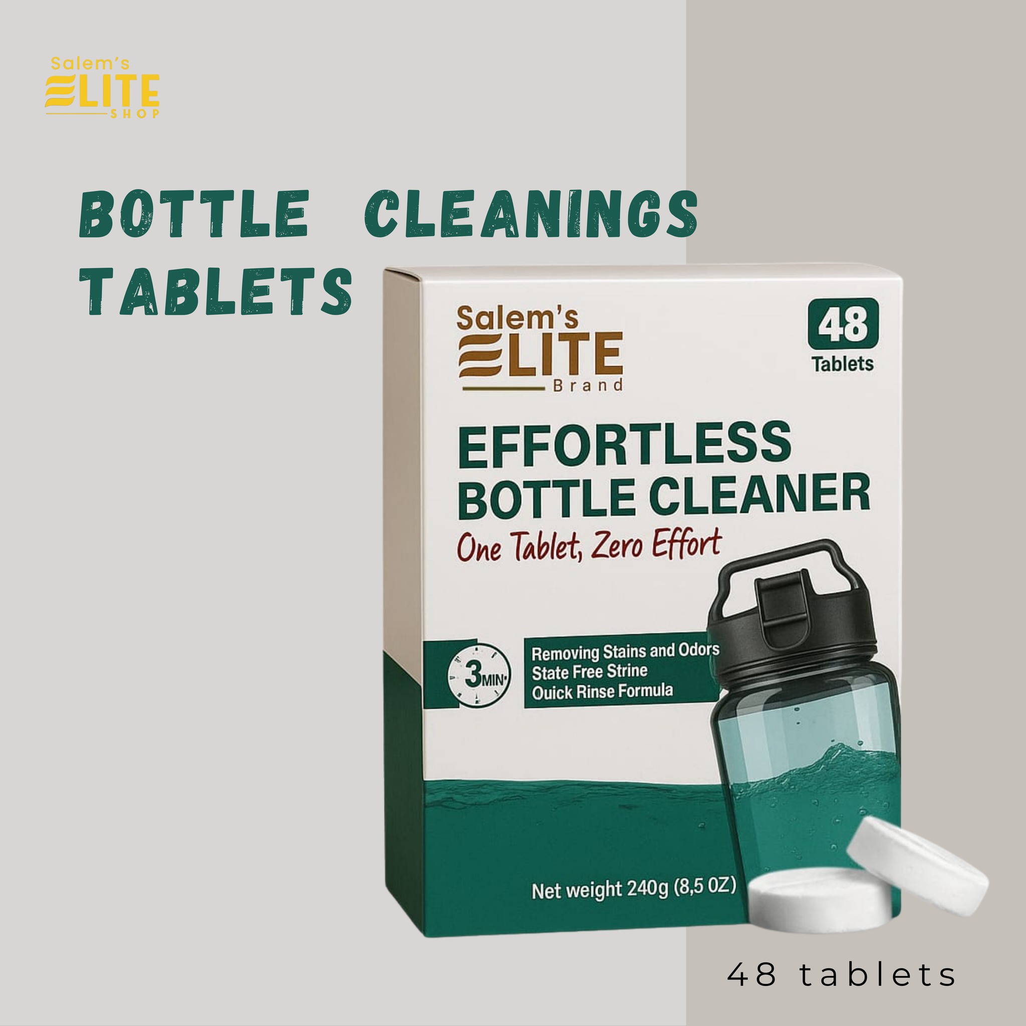Salem's Elite Water Bottle Cleaning Tablets- Clean Stainless Steel, Tumblers, Thermos, Reusable Water Bottles, Baby Bottles and Sports Bottle 48 Effervescent Cleaner Tablets